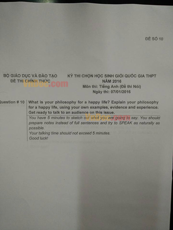 Đề thi chọn học sinh giỏi Quốc gia năm 2016 môn Tiếng Anh  