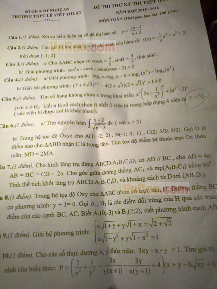 Đề thi thử THPT Quốc gia 2016 môn Toán