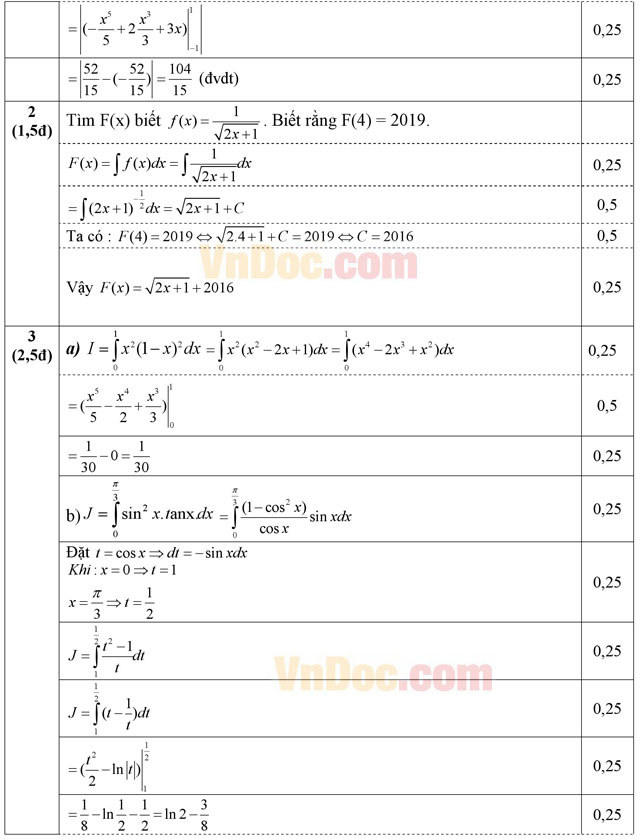 Đáp án đề thi giữa học kỳ 2 môn Toán lớp 12