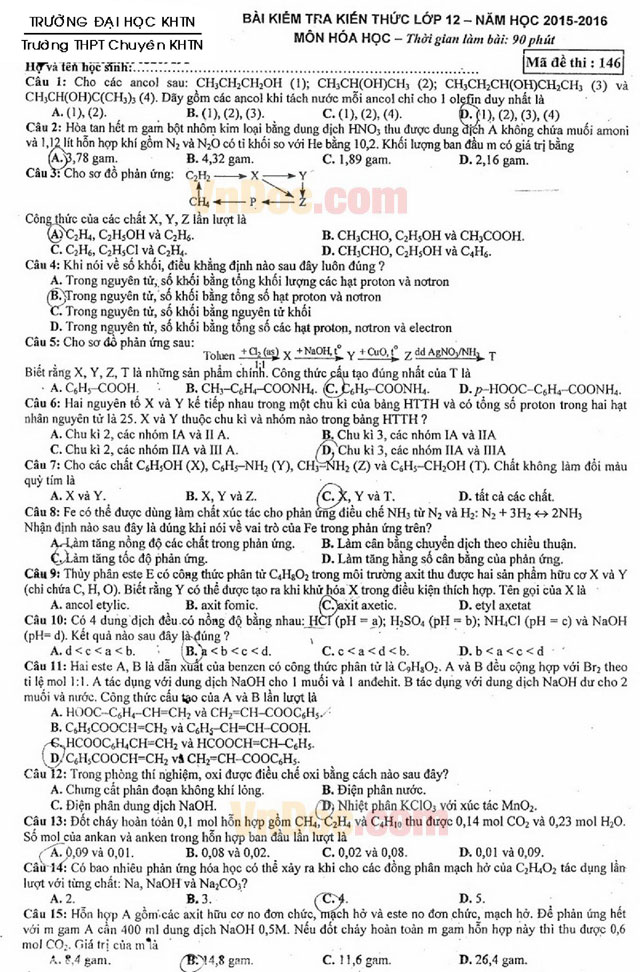 Đề thi thử THPT Quốc gia môn Hóa học năm 2016