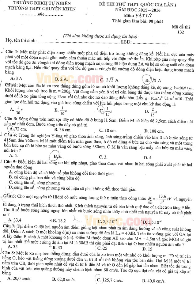 Đề thi thử THPT Quốc gia môn Vật lý năm 2016 Đề thi thử THPT Quốc gia môn Vật lý năm 2016