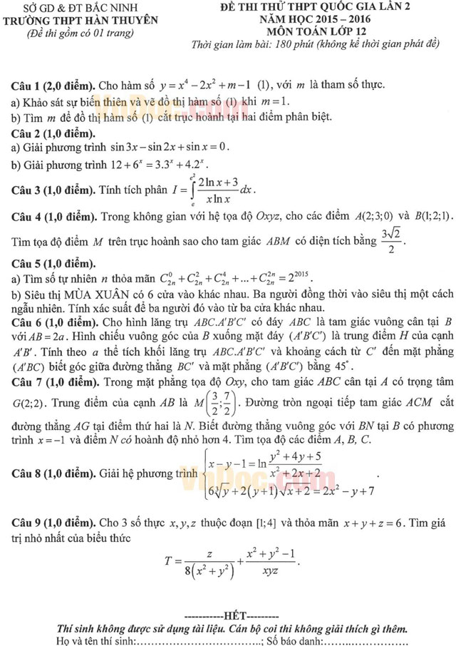 Đề thi thử THPT Quốc gia môn Toán năm 2016
