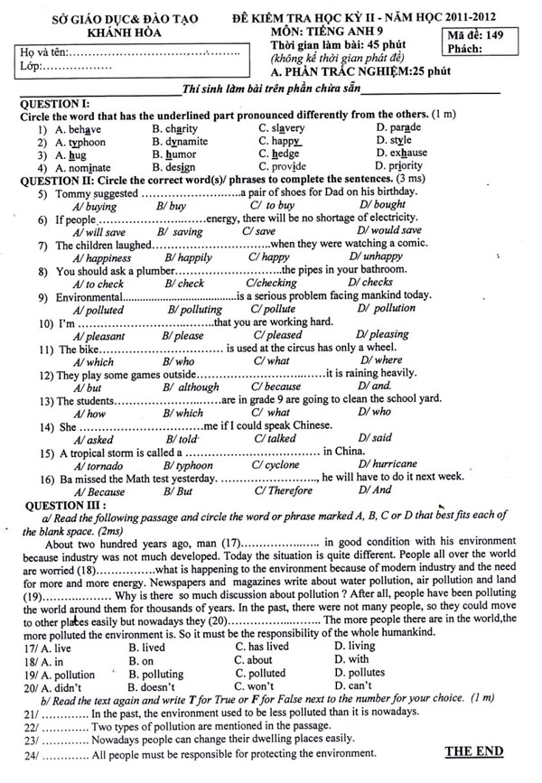 Đề thi học kỳ 2 môn Tiếng Anh lớp 9 