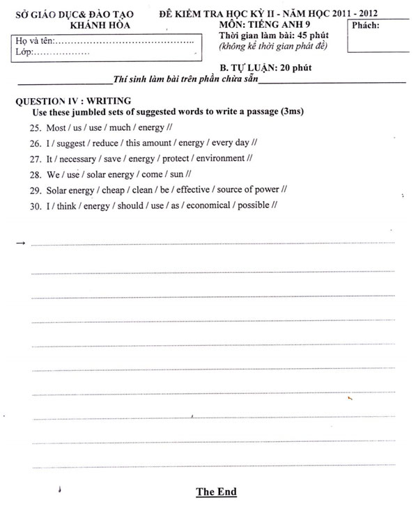 Đề thi học kỳ 2 môn Tiếng Anh lớp 9