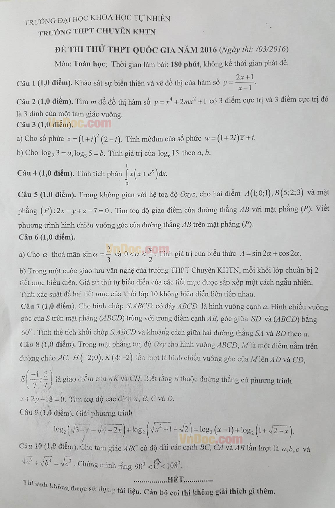Đề thi thử THPT Quốc gia năm 2016 môn Toán