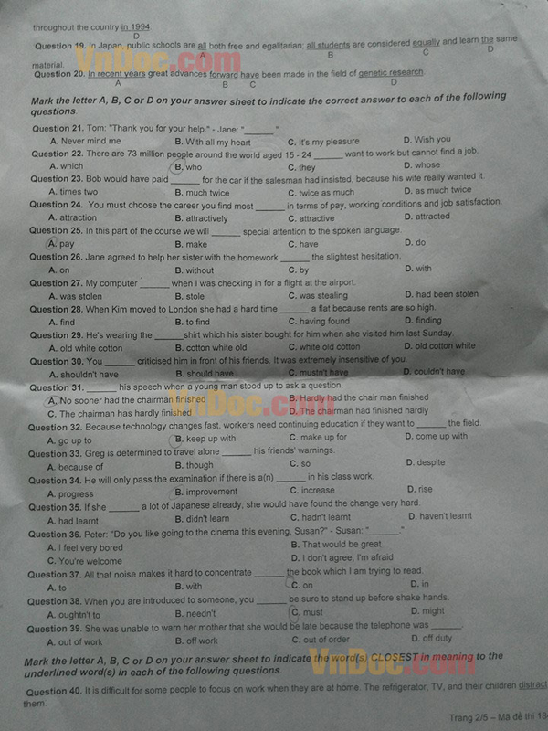 Đề thi thử Đại học năm 2016 môn Tiếng Anh 