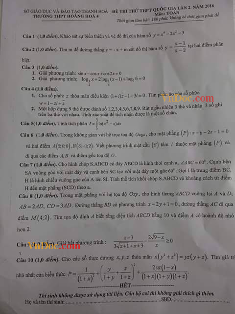 Đề thi thử THPT Quốc gia môn Toán năm 2016 trường THPT Hoằng Hóa 4, Thanh Hóa Đề thi thử Đại học môn Toán