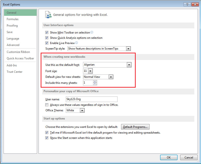 Tab General trong Excel Tự học MS Excel 2013 bài 2: Tùy chỉnh trong Excel