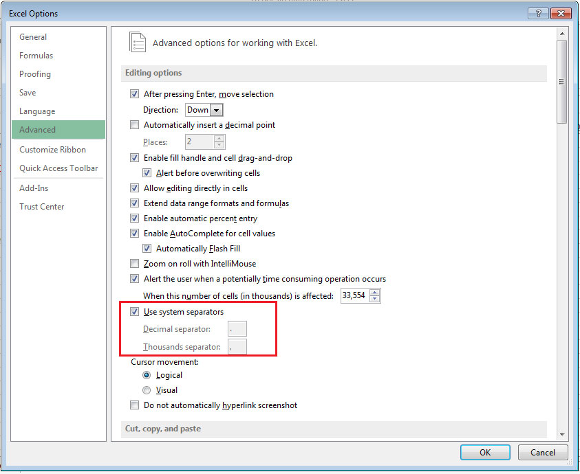 Tab Advanced Tự học MS Excel 2013 bài 2: Tùy chỉnh trong Excel