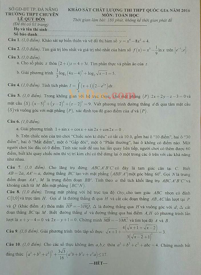 Đề thi thử THPT Quốc gia 2016 môn toán