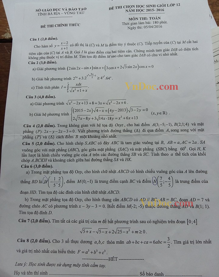 Đề thi HSG môn Toán lớp 12 cấp tỉnh
