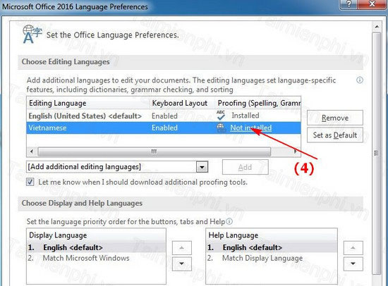 Click vào not installed Cách cài đặt tiếng Việt cho Office 2016