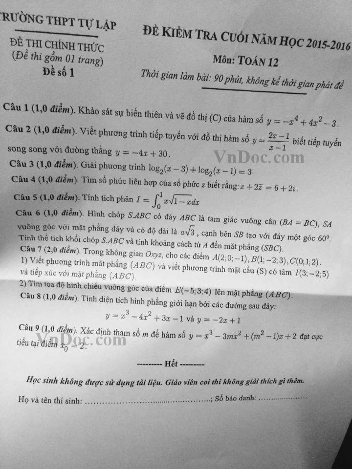 Đề thi học kỳ II môn Toán lớp 12 có đáp án
