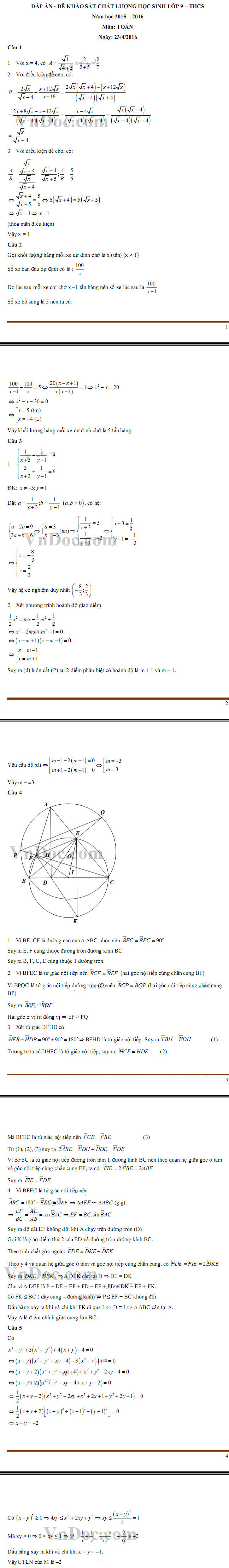Đáp án đề thi thử vào lớp 10 môn Toán năm 2016 Sở GD&ĐT Hà Nội
