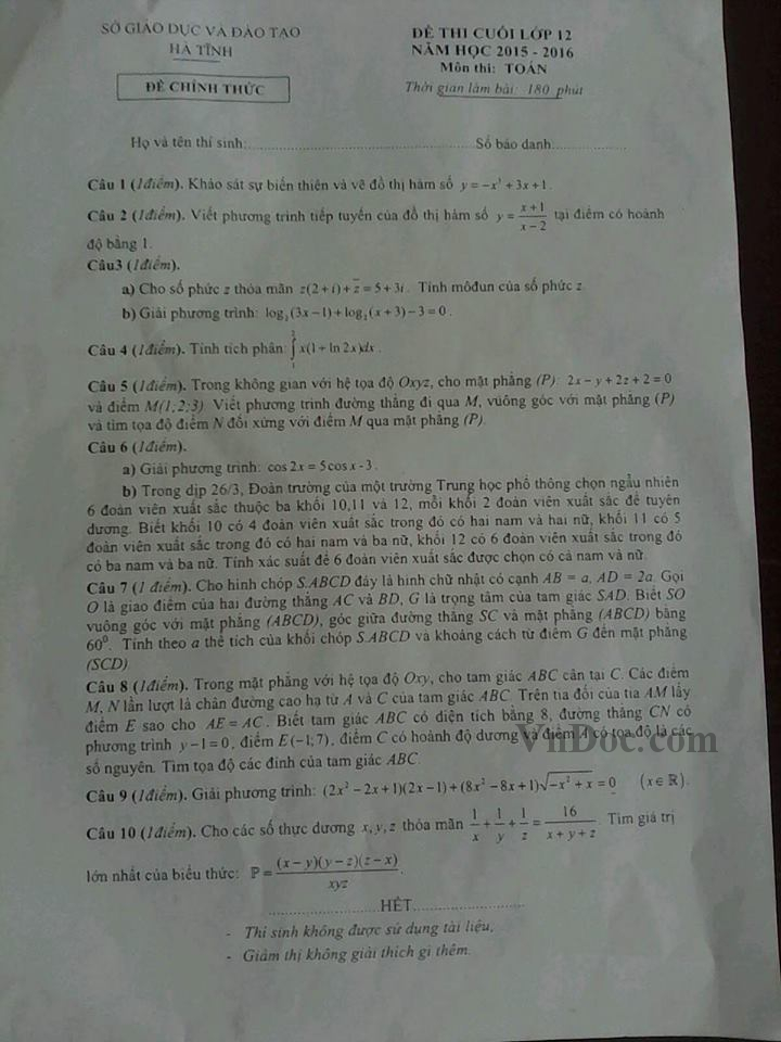Đề thi thử THPT Quốc gia môn Toán tỉnh Hà Tĩnh