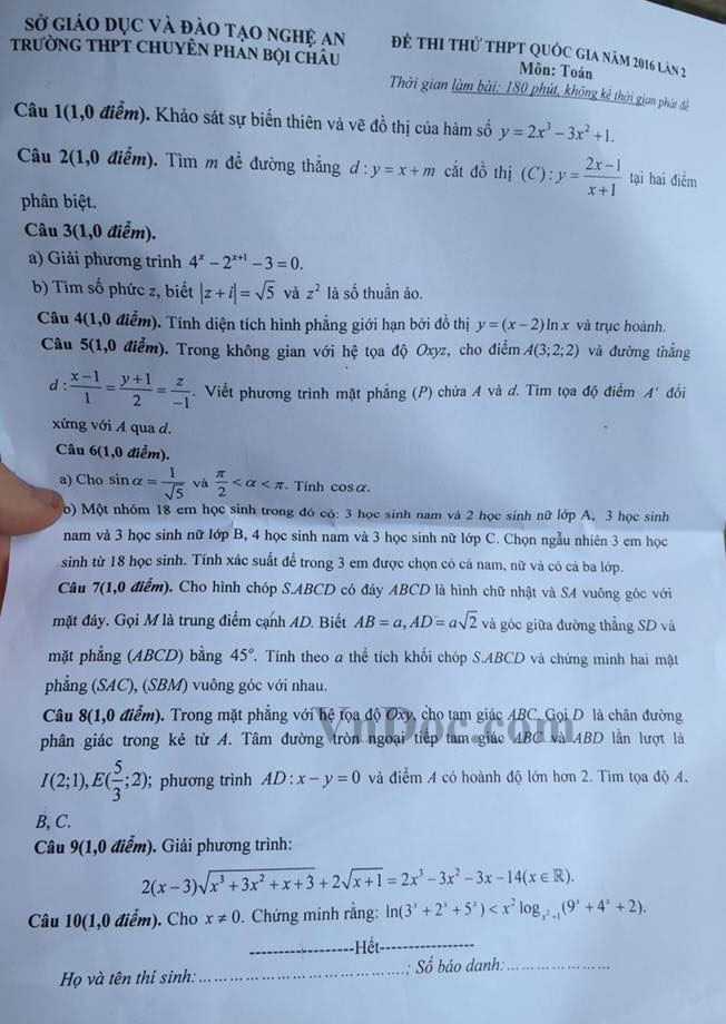 Đề thi thử THPT Quốc gia 2016 môn Toán