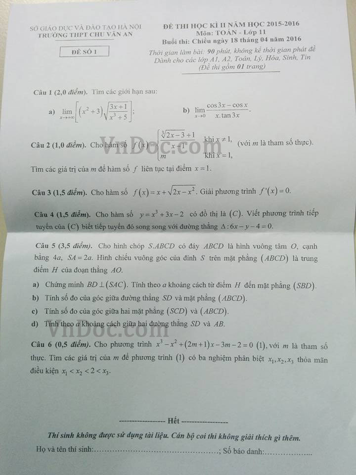 Đề thi học kì 2 môn Toán lớp 11