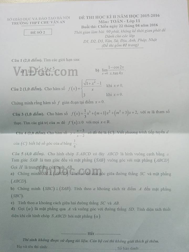 Đề thi học kì 2 môn Toán lớp 11