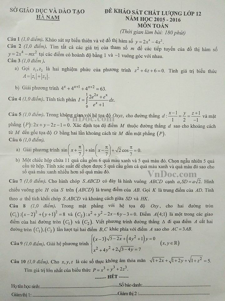 Đề thi thử Đại học môn Toán có đáp án
