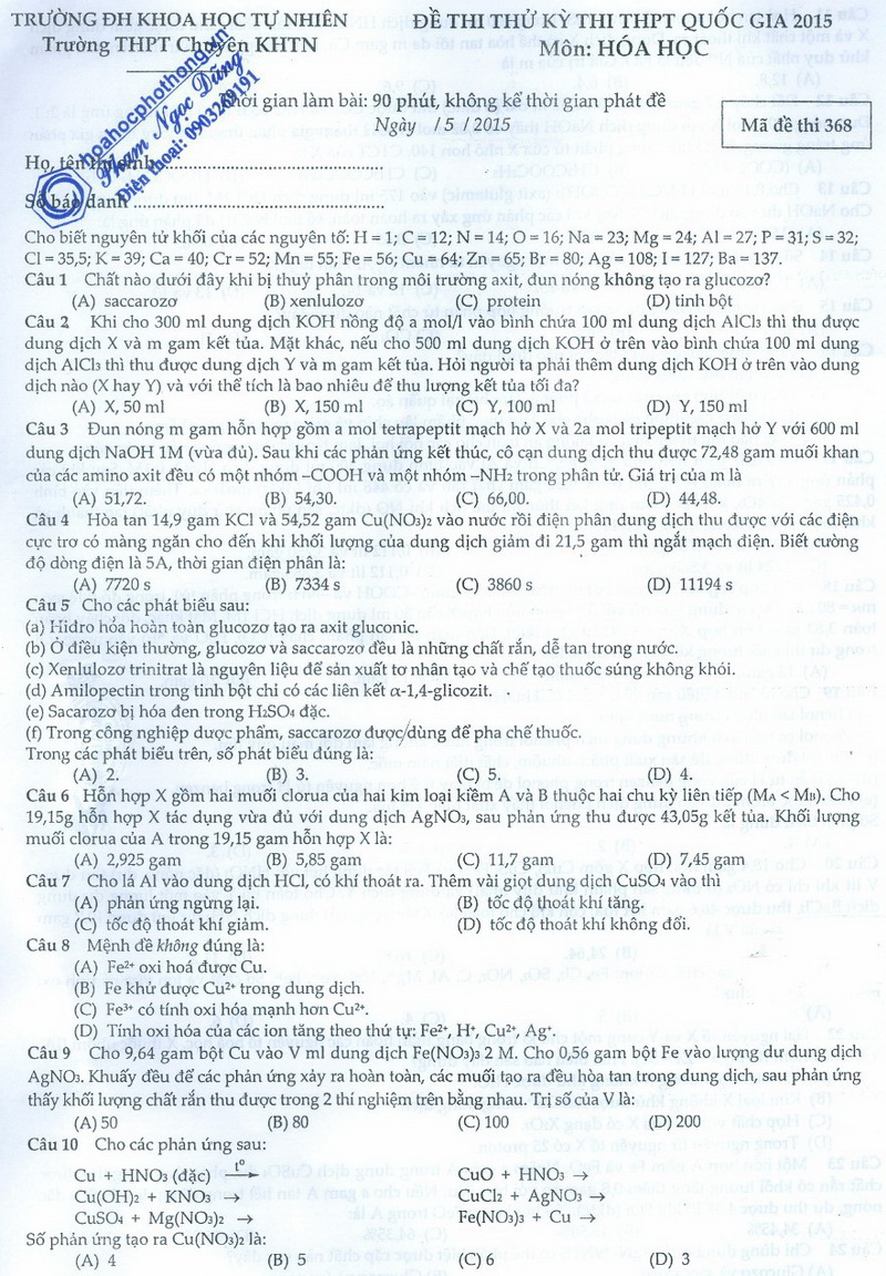 Đề thi thử Đại học môn Hóa có đáp án