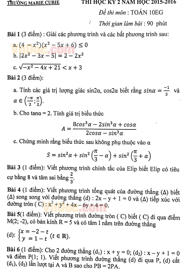 Đề thi học kì 2 môn Toán lớp 10 trường Marie Curie