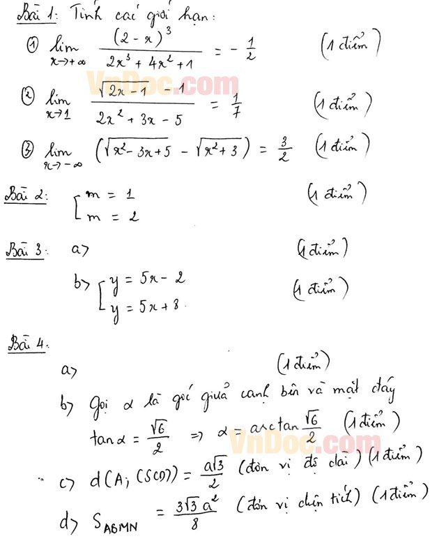 Đáp án đề thi học kì 2 môn Toán lớp 11 trường Marie Curie