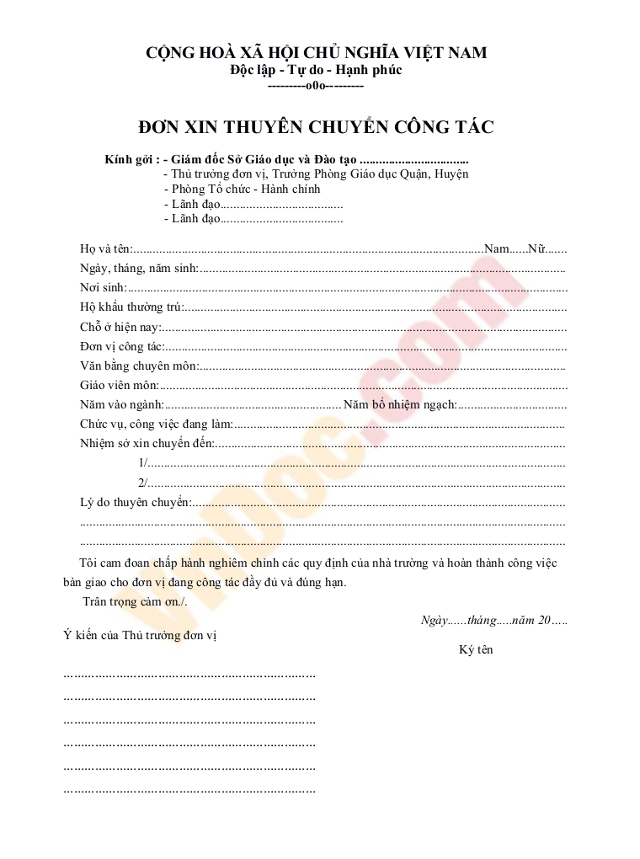 Mẫu đơn xin thuyên chuyển công tác ngành giáo dục