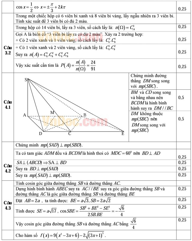 Đáp án đề thi học kì 2 môn Toán lớp 11