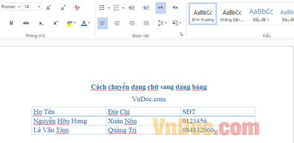Chuyển dạng chữ sang bảng Cách chuyển text sang dạng bảng trong Word
