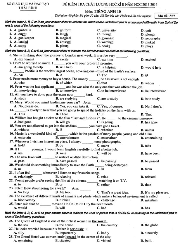 Đề thi học kì 2 môn Tiếng Anh lớp 10