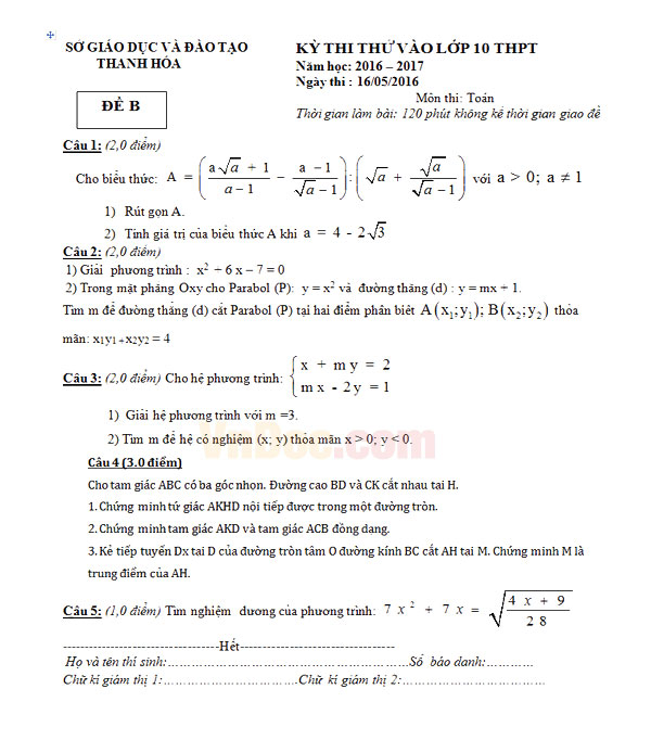 Đề thi vào lớp 10 môn Toán