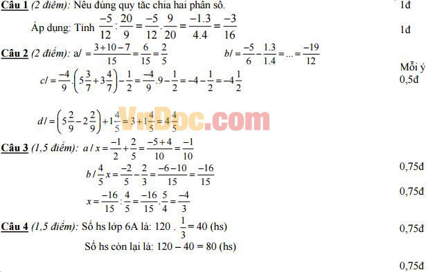 Đáp án đề thi học kì 2 môn Toán lớp 6