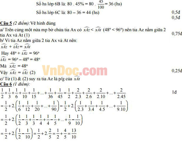 Đáp án đề thi học kì 2 môn Toán lớp 6