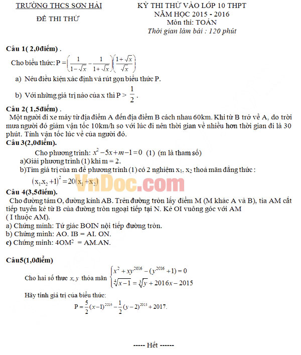 Đề thi thử vào lớp 10 môn Toán Đề thi thử vào lớp 10 môn Toán
