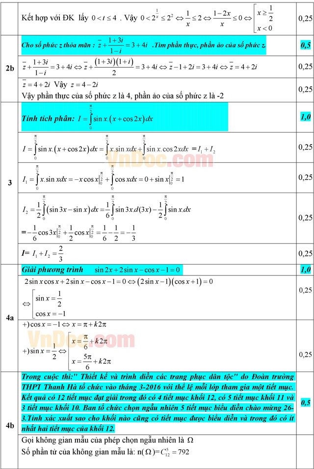 Đáp án đề thi thử THPT Quốc gia môn Toán năm 2016 trường THPT Thanh Hà, Hải Dương (Lần 2)