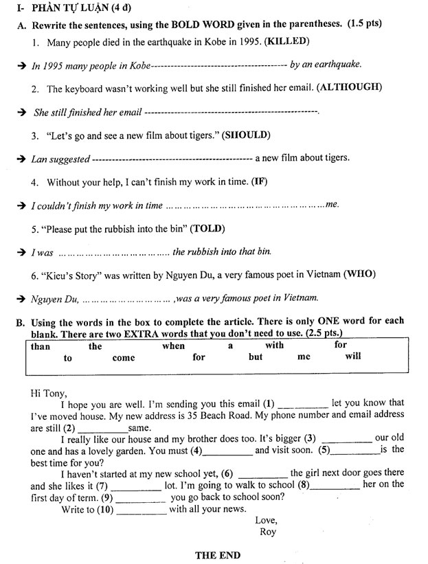 Đề thi học kì 2 môn Tiếng Anh lớp 9 