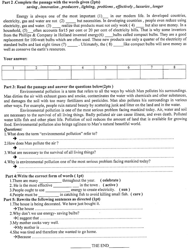 Đề thi học kì 2 môn Tiếng Anh lớp 9 