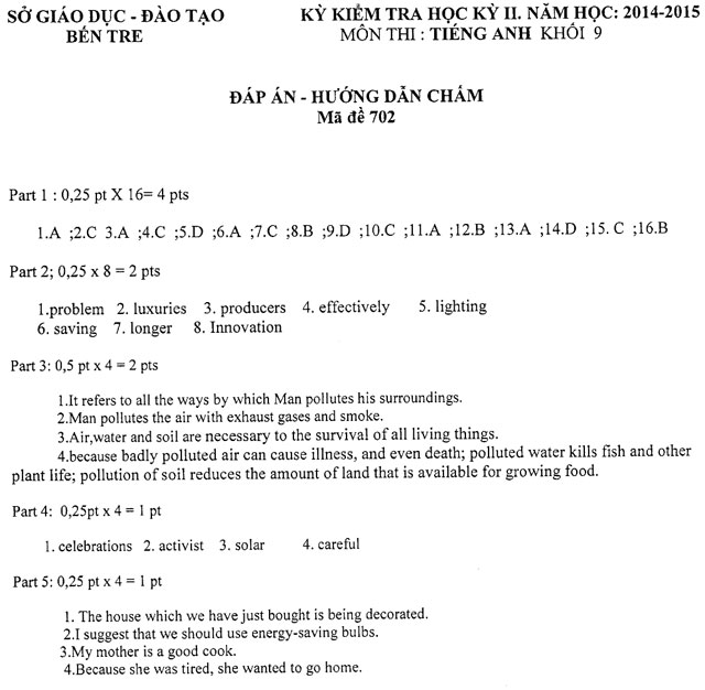 Đề thi học kì 2 môn Tiếng Anh lớp 9 