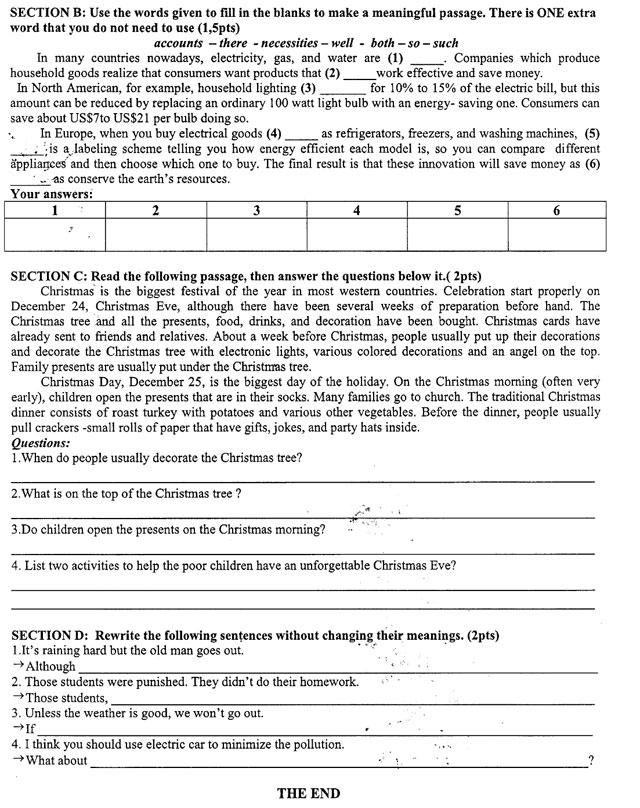 Đề thi học kì 2 môn Tiếng Anh lớp 9 