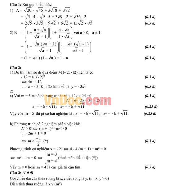 Đáp án đề thi thử vào lớp 10 môn Toán Đáp án đề thi thử vào lớp 10 môn Toán