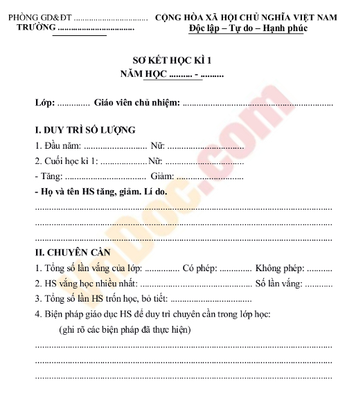 Mẫu sơ kết lớp của giáo viên chủ nhiệm