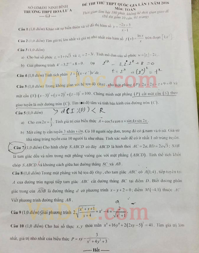 Đề thi thử THPT Quốc gia môn Toán năm 2016 trường THPT Hoa Lư A, Ninh Bình