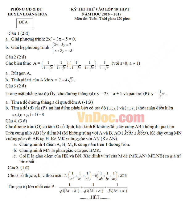 Đề thi thử vào lớp 10 môn Toán
