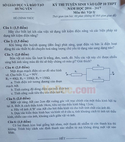 Đề thi vào lớp 10 môn Vật lý