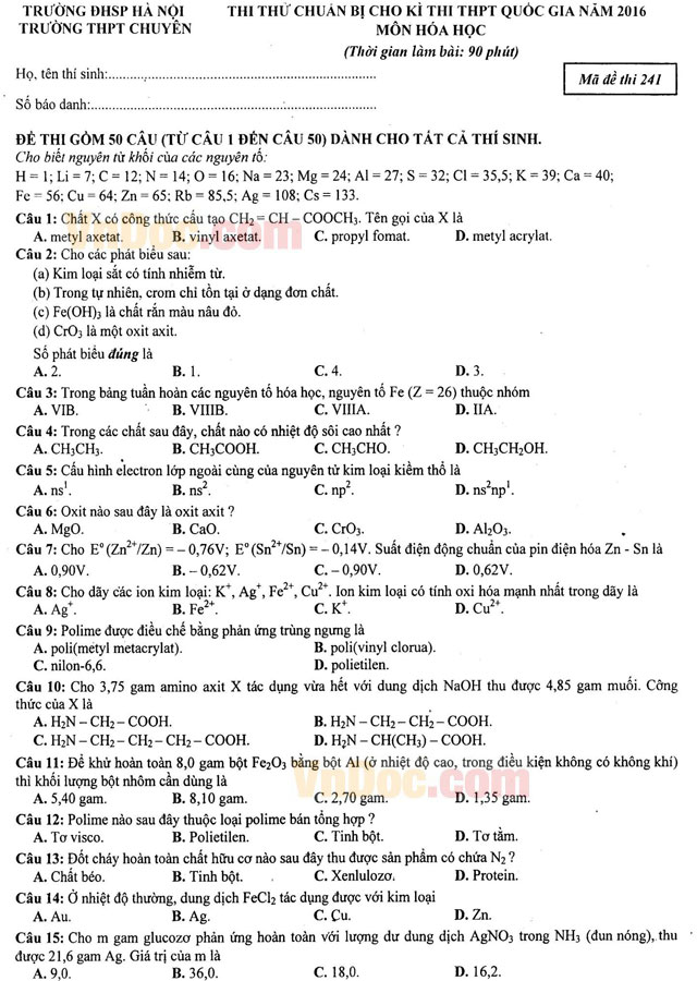 Đề thi thử THPT Quốc gia môn Hóa học năm 2016 trường THPT Chuyên Đại học Sư phạm Hà Nội (Lần 4) Đề thi thử THPT Quốc gia môn Hóa học năm 2016 trường THPT Chuyên Đại học Sư phạm Hà Nội (Lần 4)