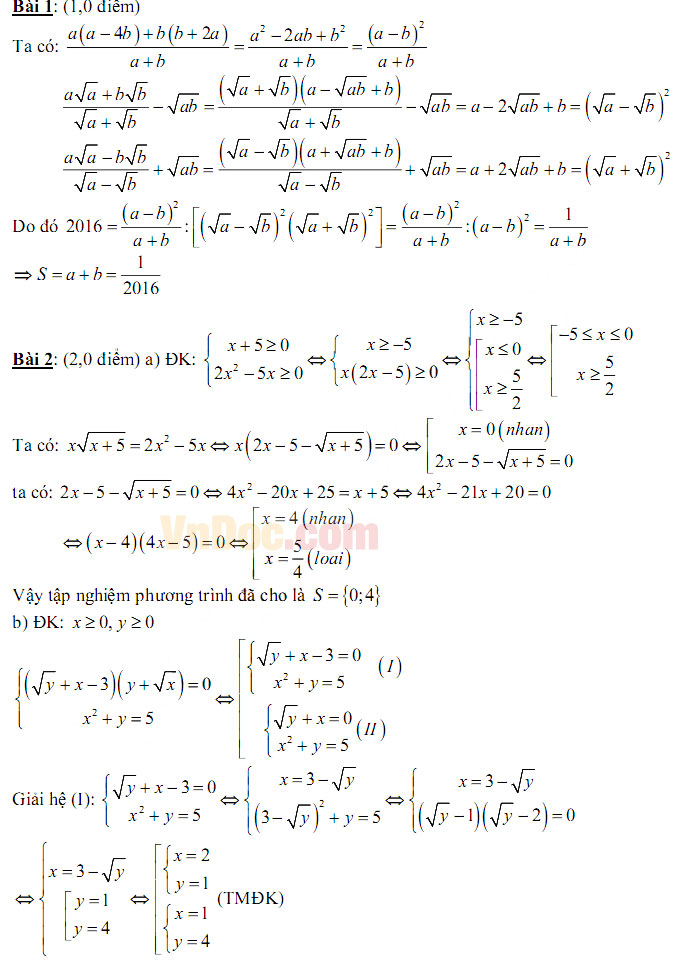Đáp án đề thi vào lớp 10 môn Toán