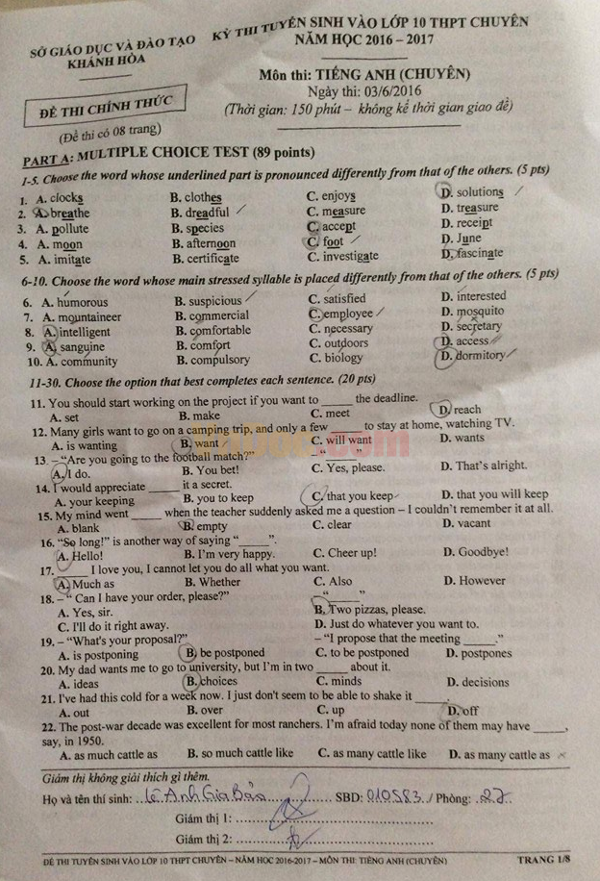 Đề thi tuyển sinh vào lớp 10 môn tiếng Anh