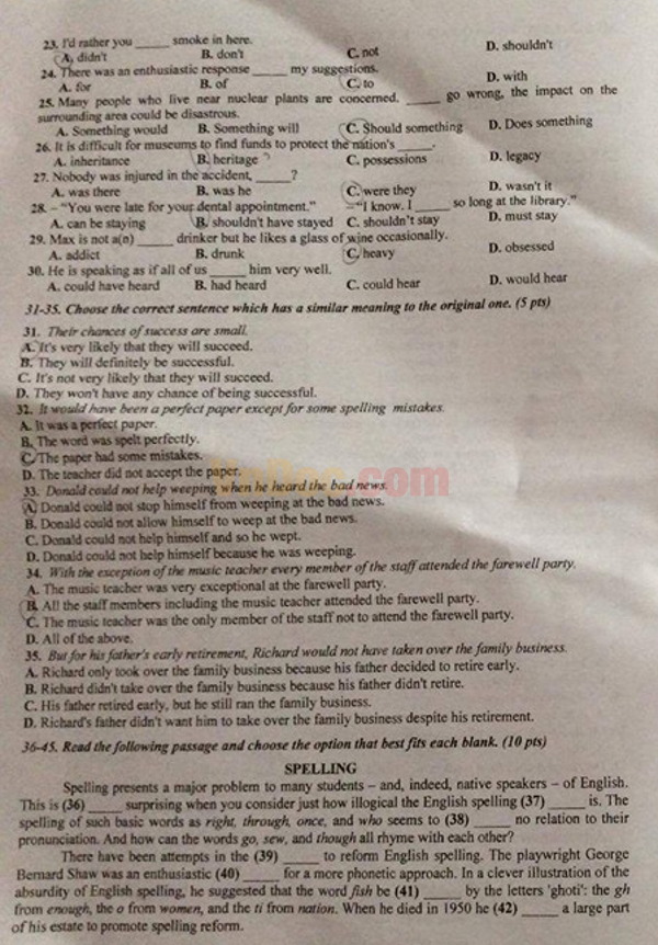 Đề thi tuyển sinh vào lớp 10 môn tiếng Anh có đáp án 