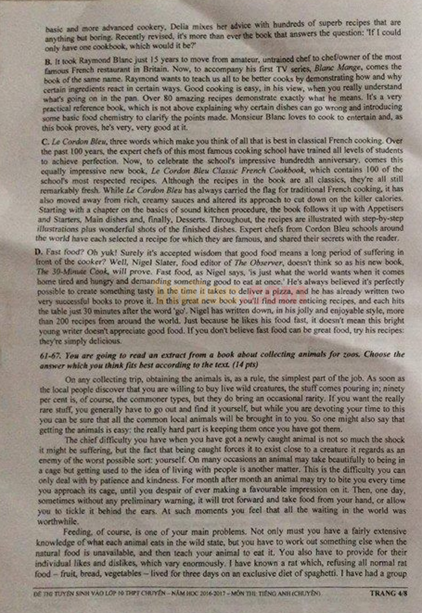 Đề thi vào lớp 10 môn tiếng Anh 2016-2017