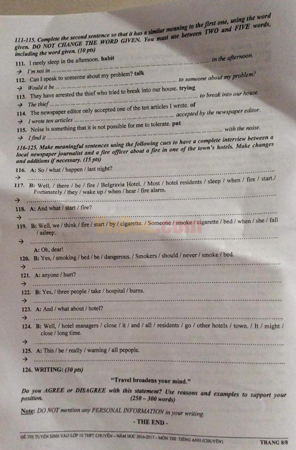 Đáp án đề thi vào lớp 10 môn tiếng Anh